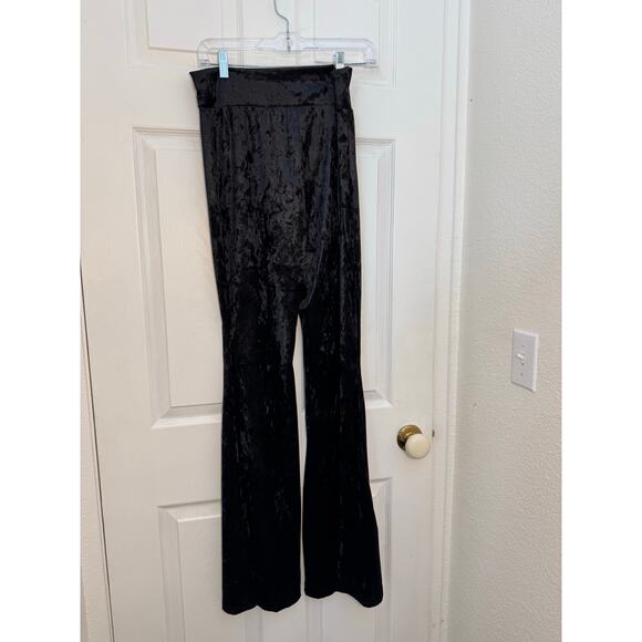 Black Crushed Velvet High-Waisted Flare Pants - Picture 2 of 5